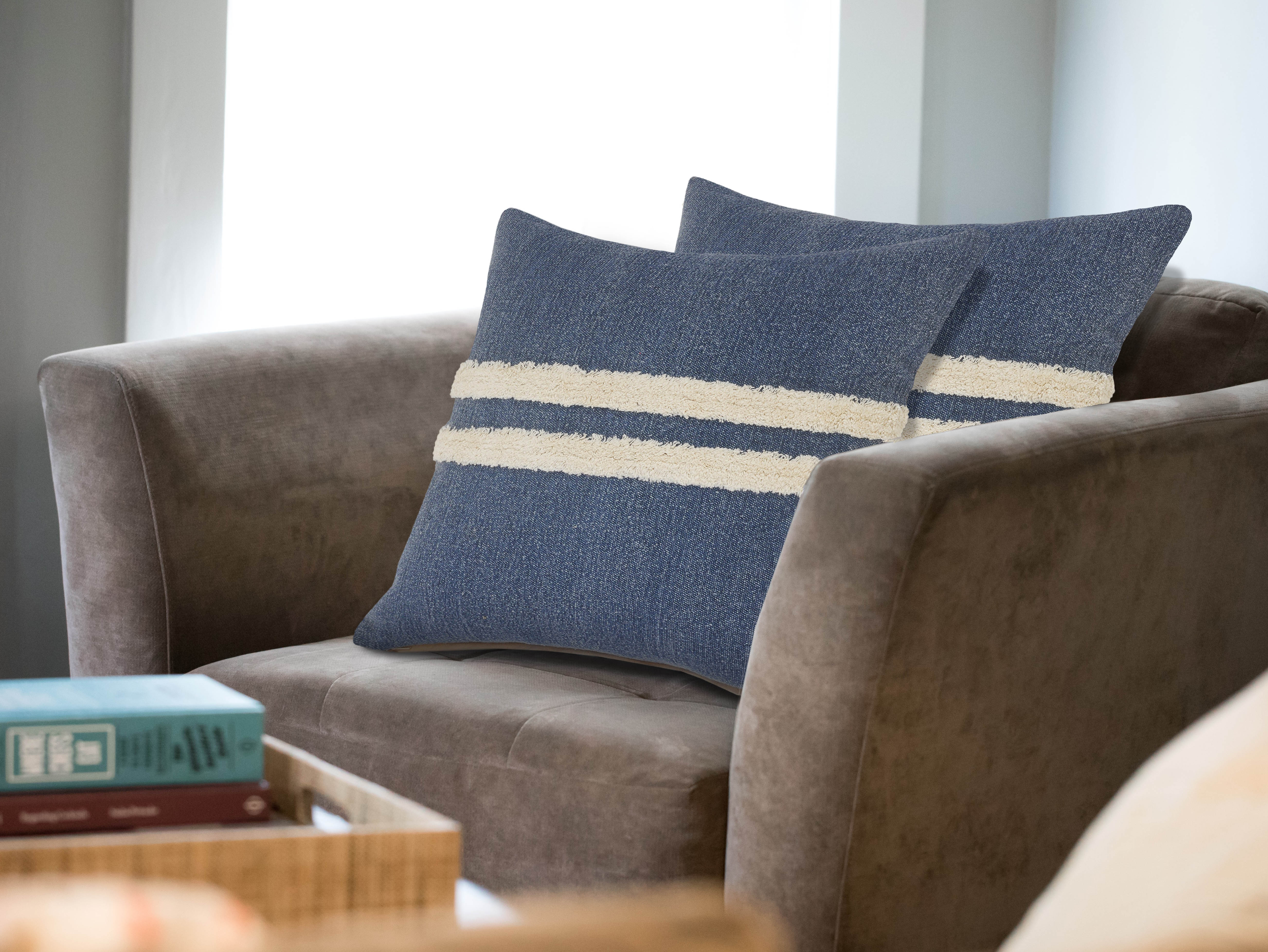 LR Home Sariyah Set of 2 Dusty Blue/White Shag Striped Over-tufted Cotton Adult Decorative Throw Pillow