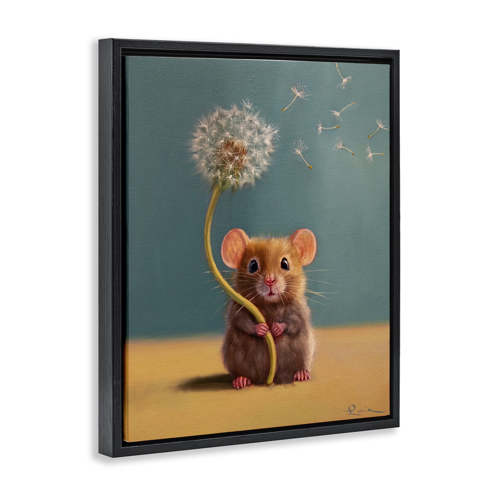 Tiny Wishes Mouse & Dandelion Black Framed Floater Canvas Wall Art, design by Lucia Heffernan