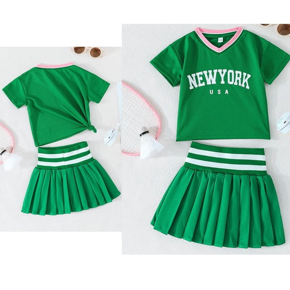 Girls 2 Piece Outfits Short Sleeve V-Neck Tee with Pleated Skirt Tennis Dress Tops for Girls 12-18 Months
