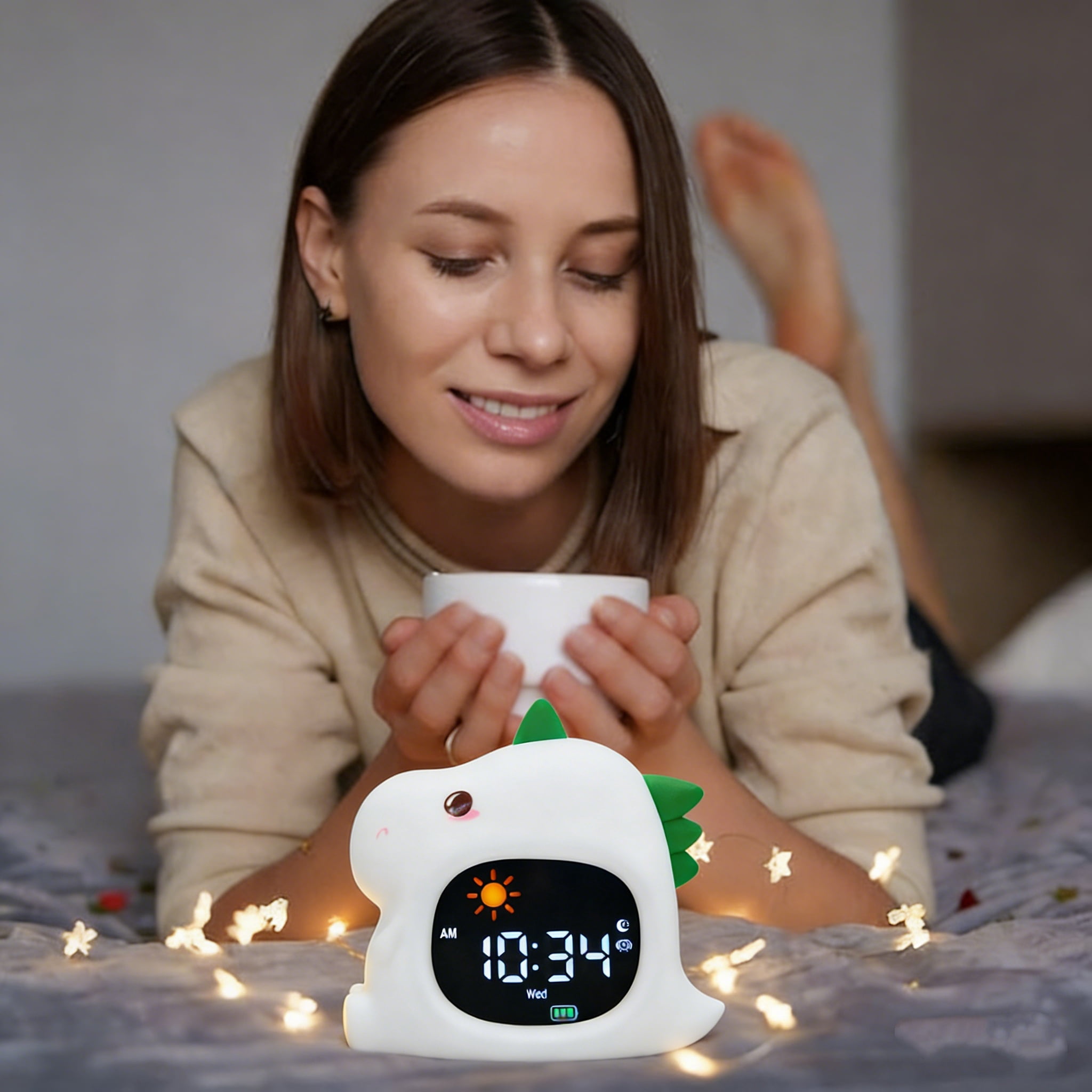 Dinosaur Children's Sleep Training Alarm Clock - Night Light with Wake Up Light, Sleep Sound, and Color Changing Emotion Light