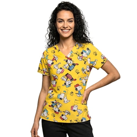 Peanuts Snoopy Women’s V-Neck Short Sleeve Scrub Top – Allover Print (S-3XL)