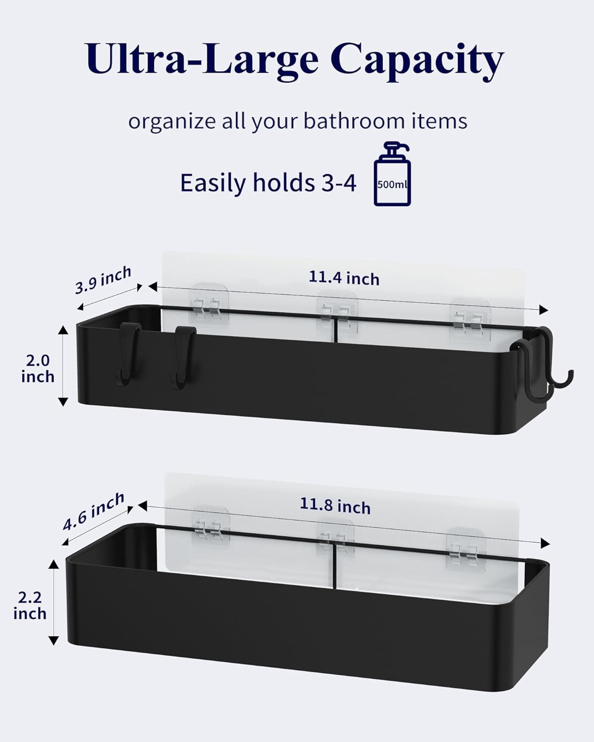 Shower Caddy - 2 Pack Adhesive Shower Organizer, Rustproof Metal Shelves, No-Drill Bathroom Organizers and Storage, Black, XX-Large