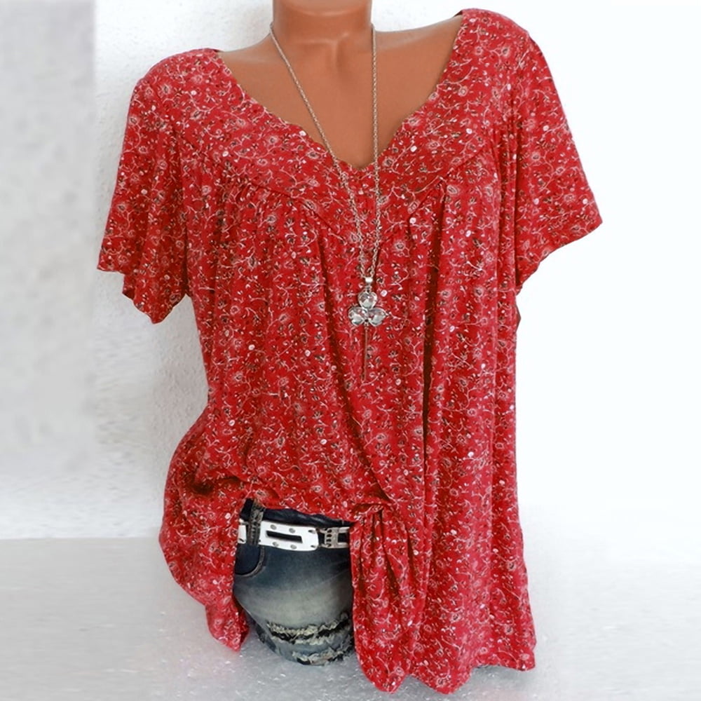 FOLUNSI Women's Plus Size Floral Tunic Top - Short Sleeve V-Neck Blouse With Buttons, Sizes M-4XL
