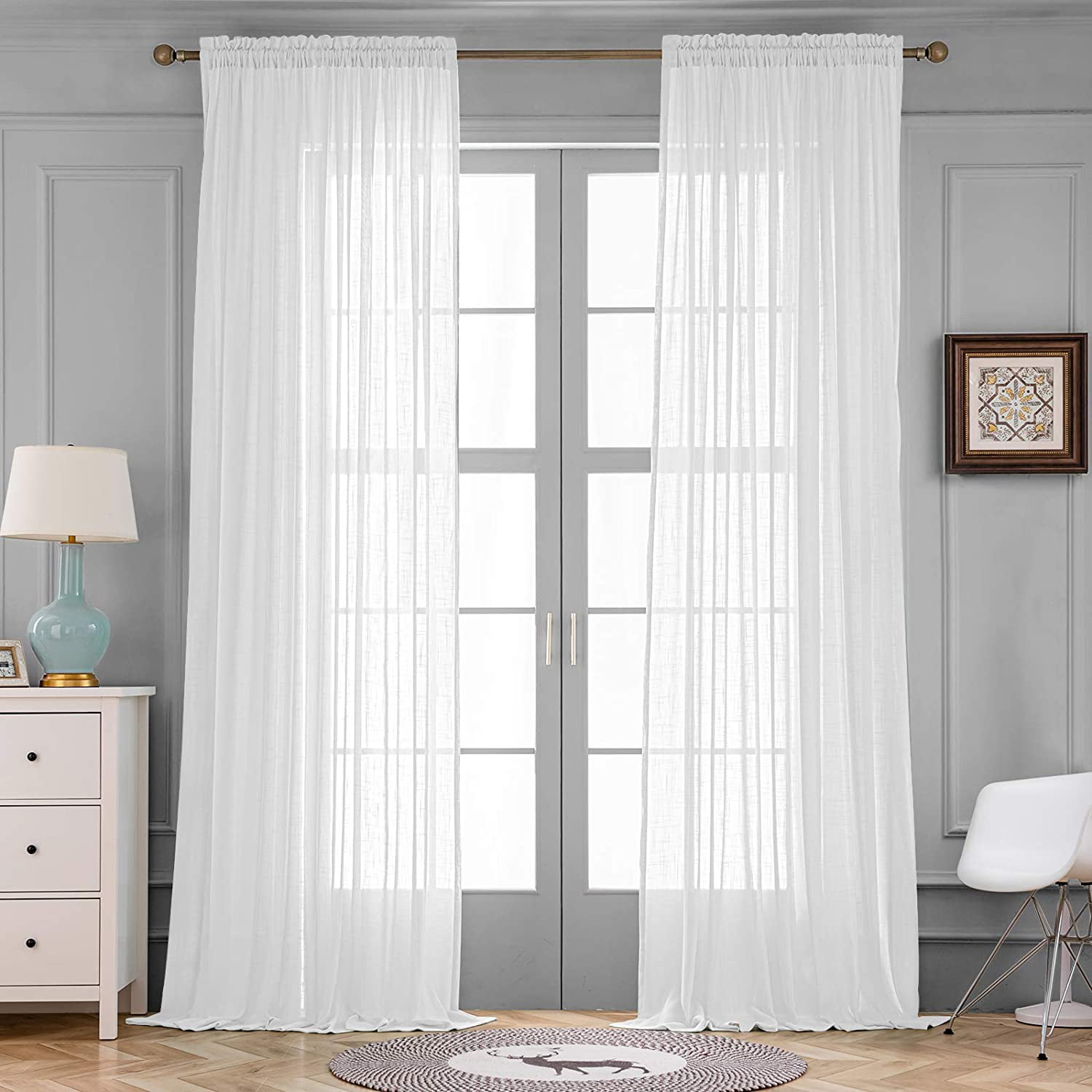 DONREN White Sheer Curtains 84 inches Long for Living Room Bedroom Sheer Curtain Panels Rod Pocket Linen Voile Window Curtain Set 2 Panels, White DONREN TEXTILE 