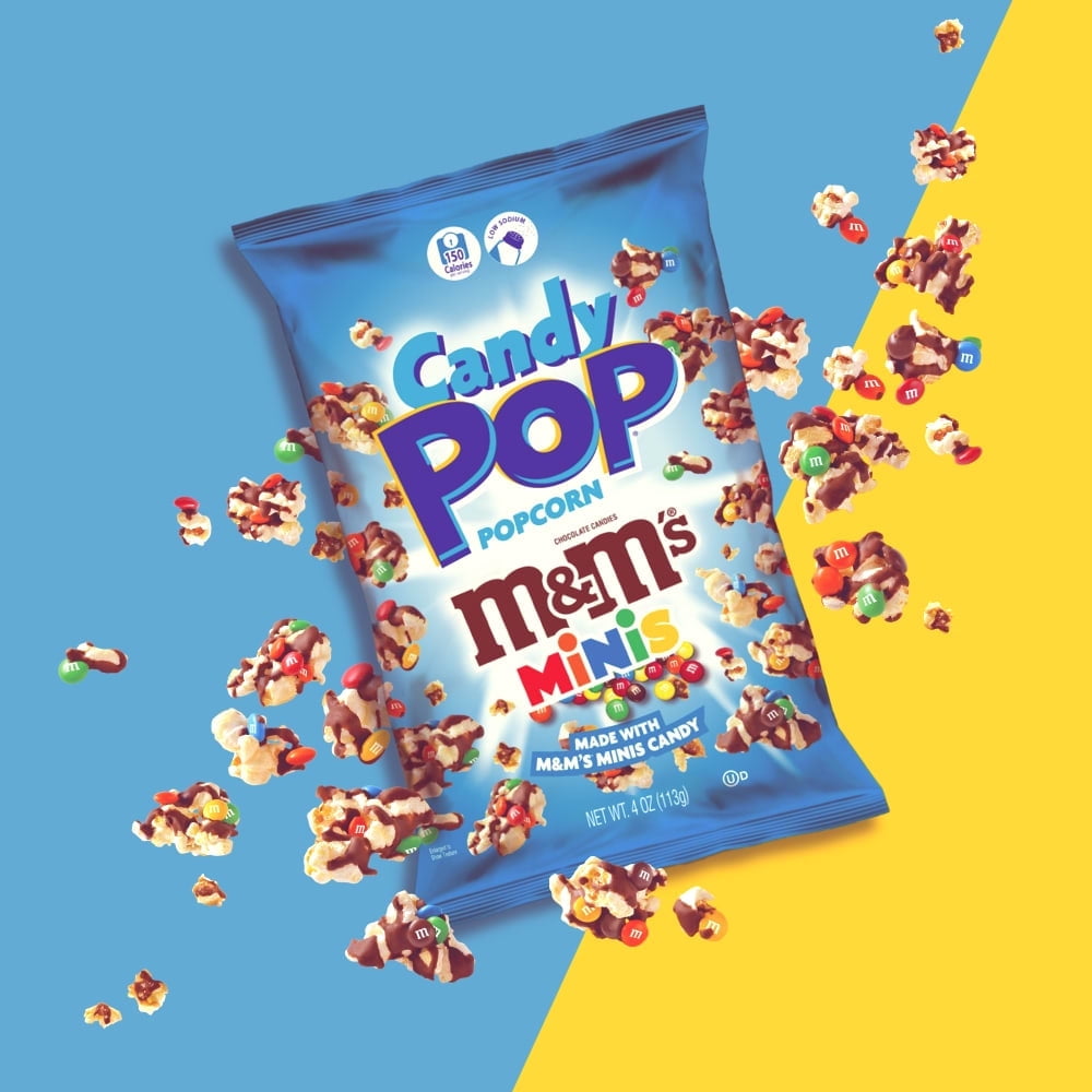 Candy Pop M&M’s Minis Popcorn, Sweet and Crunchy Chocolate Snack, 4 oz Bag with olive green bowl by ValueNest