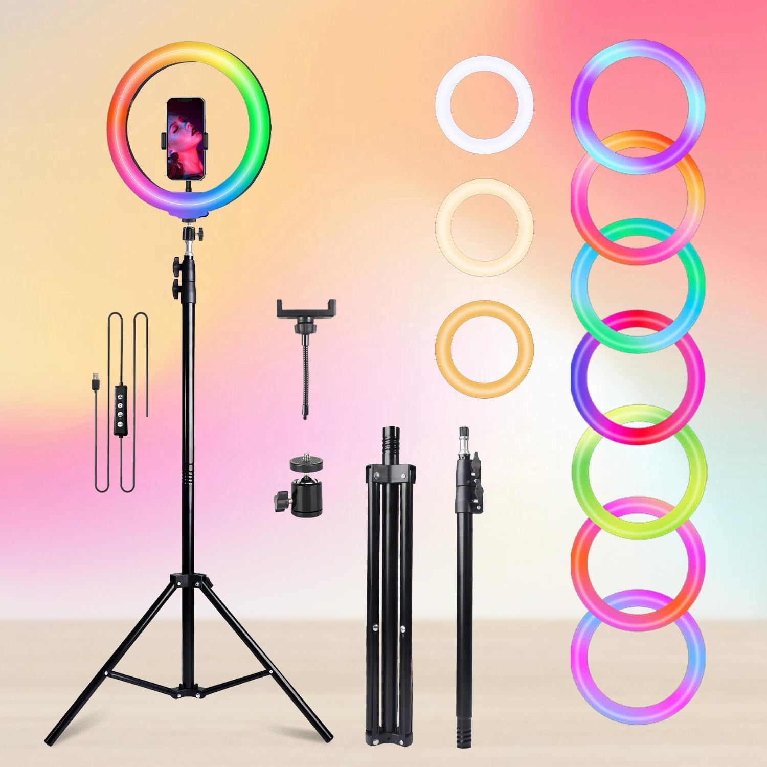 12" RGB Ring Light Kit w/ 63" Extendable Tripod & 2 Phone Holders - Perfect for TikTok, YouTube & Live Streaming, 360° Adjustable Lighting for Makeup, Vlogging & Selfies, Dimmable LED with 15 Color M