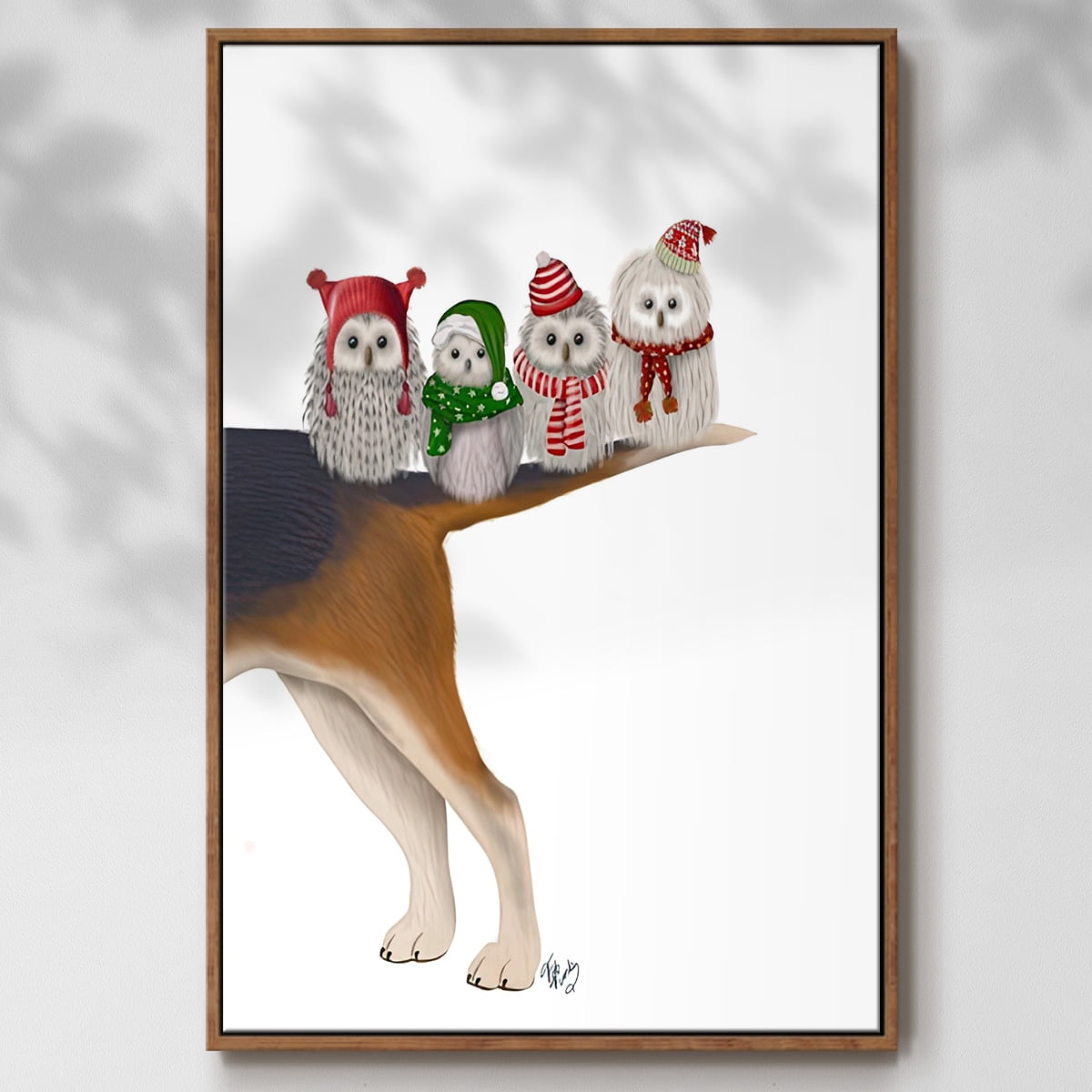 Christmas Bummer Owls - Framed Gallery Wrapped Holiday Canvas - 17 x 25 - Rosewood Frame