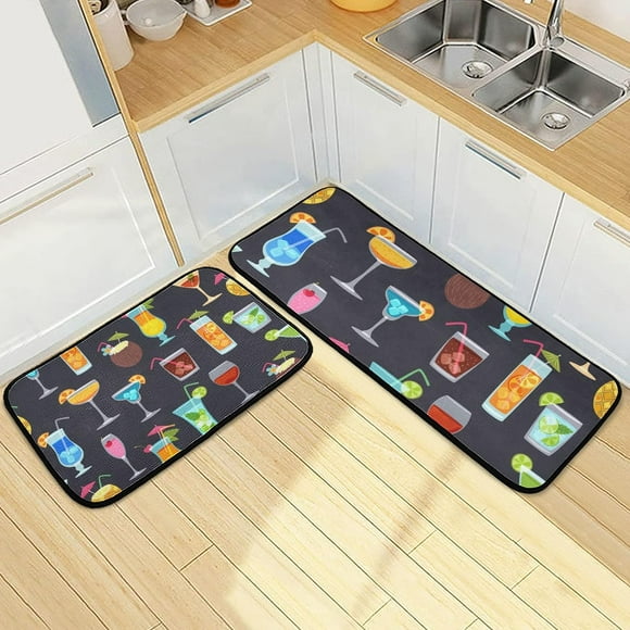 SKYSONIC Tropical Cocktails Juice Kitchen Rugs Set of 2, Wine Champagne Glass Floor Runner Area Rug Washable Carpet Mat Perfect for Living Room Bedroom Entryway