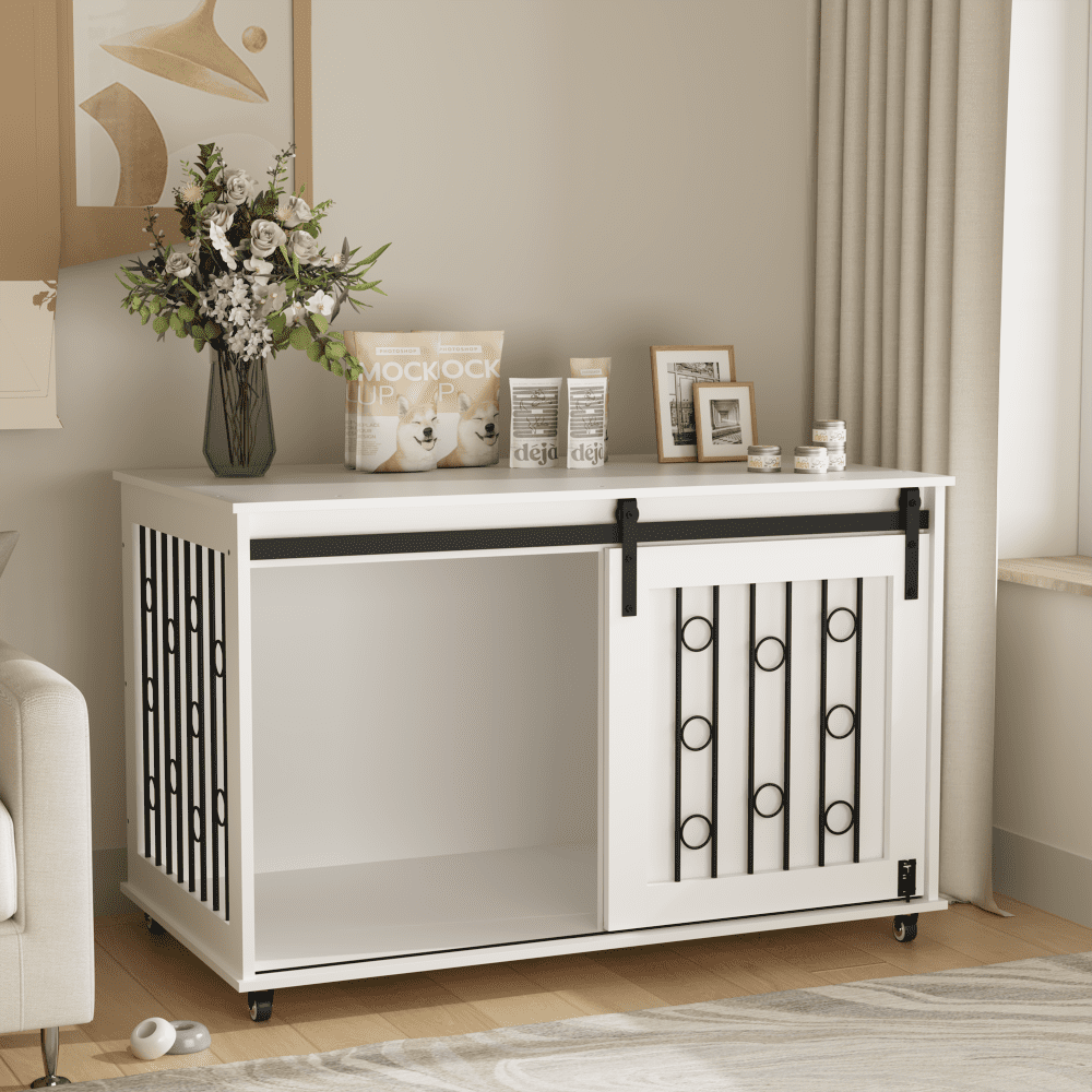 39.37'' Modern Wooden Dog Crate Furniture with Sliding Barn Door and Side Door, Indoor Dog Kennel End Table for Small to Medium Dogs, Decorative Pet Crate with Metal Bars and Lockable Wheels – White