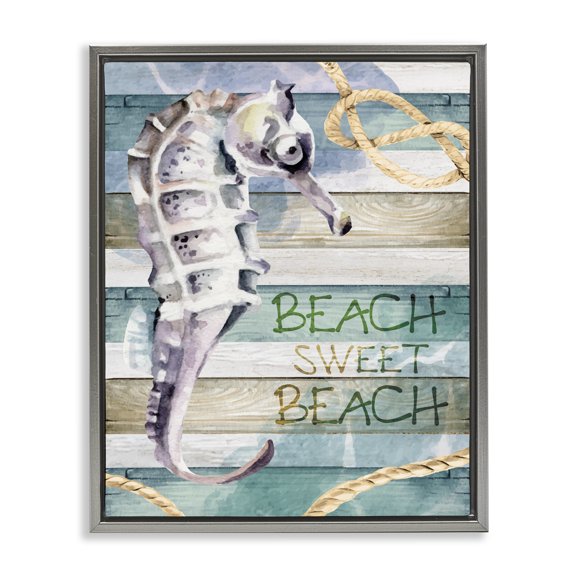 Stupell Industries Rustic Lodge Sweet Beach Seahorse Nautical Rope Gray Floating Frame Canvas Art, 17 x 21, by Nicole DeCamp