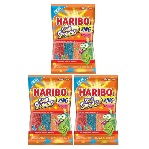 Haribo ZING Sour Streamers Pack 3 (4.5oz Bags) Sour Cherry, Sour Blue Raspberry, Sour Orange, Sour Flavors in a Bulk Bag