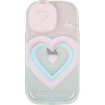 Compatible with iPhone 13 Pro Max, Pink Blue Cute Sweet Love Heart Camera Mirror Lens Phone Case, Korea 3D Gradient Flip Makeup Mirror Stand Phone Cover for Women Girls