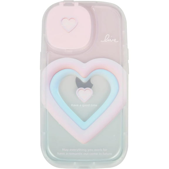 Compatible with iPhone 13 Pro Max, Pink Blue Cute Sweet Love Heart Camera Mirror Lens Phone Case, Korea 3D Gradient Flip Makeup Mirror Stand Phone Cover for Women Girls