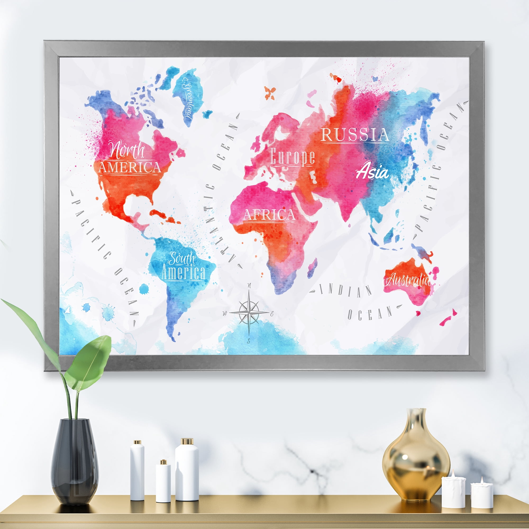 Designart 'World Map In Blue and Pink' Modern Framed Art Print