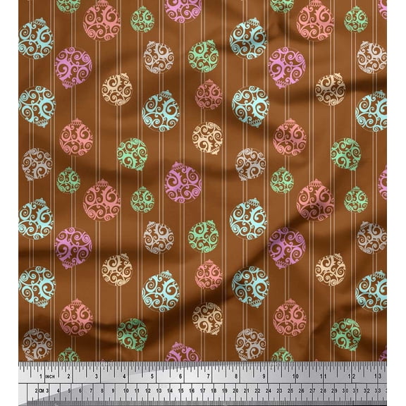 Soimoi Brown polyester Crepe Fabric Stripe & Hanging Balls Home Decor Print Sewing Fabric Yard 42 Inch Wide