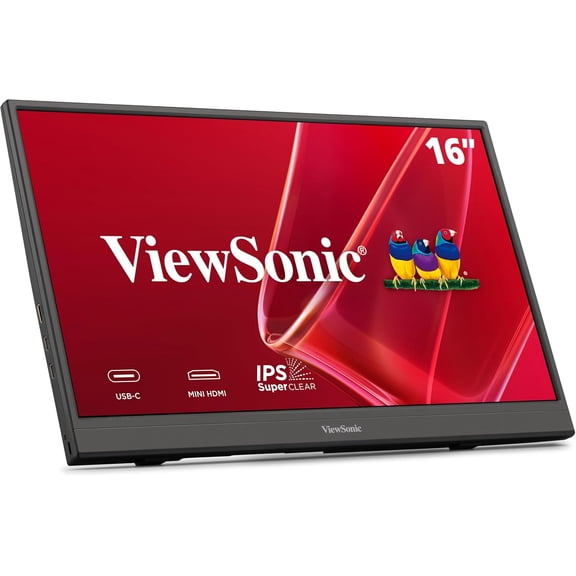 Restored ViewSonic VA1653 16 Inch 1080p FHD IPS Portable Monitor with Eye Care, Built-in Stand, USB C, Mini HDMI, Black