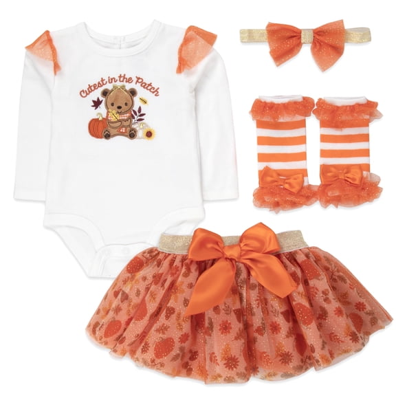 Baby Essentials Baby Girl Pumpkin Outfit 4-Piece Set – Long Sleeve Bodysuit, Tutu Skirt, Leg Warmers & Bow Headband (Orange Cutest In The Patch, 3 months)