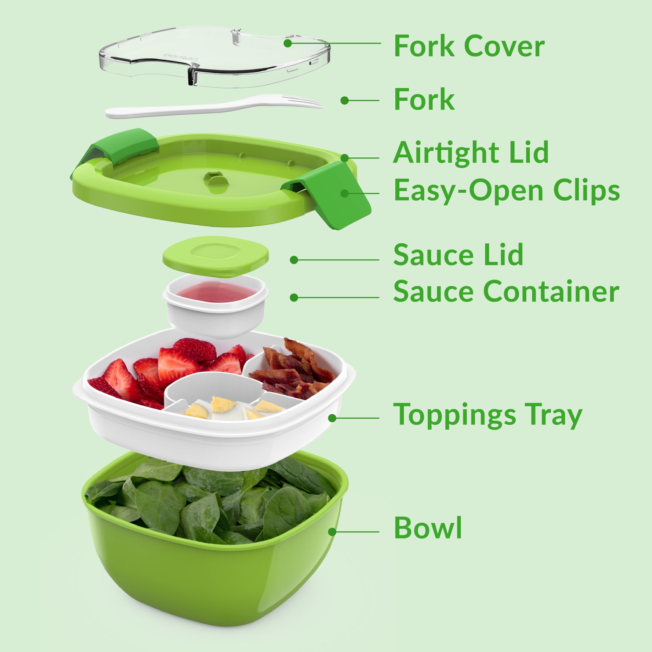 Bentgo Salad Container - 6.75 cup Bowl with 4-Compartment Toppings Tray, Leak-Proof Dressing Container, Reusable Fork, BPA-Free Lunch Box for Meal Prep & Food Storage; Removable Bento Tray (Green)