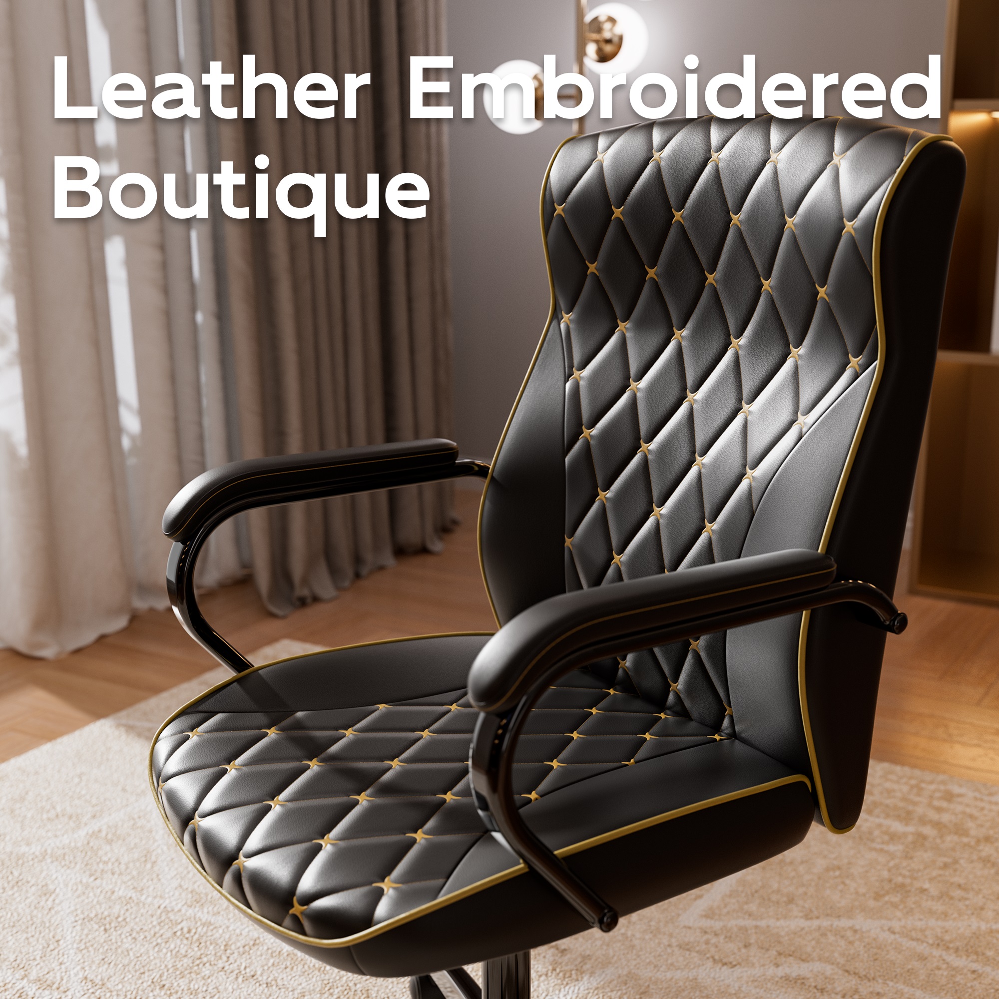 Ninecer Black Office Chair with Soft Leather Embroidery, Mid Back Vintage Swivel Executive Desk Chair with Wheels and Padded Arms, Adjustable Height