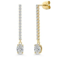 Gem Stone King 14K Yellow Gold White Lab Grown Diamond Long Liner Dangle Earrings for Women | 1.16 Cttw | Gemstone April Birthstone | Oval 6X4MM | White Gold Chain Drop Earrings