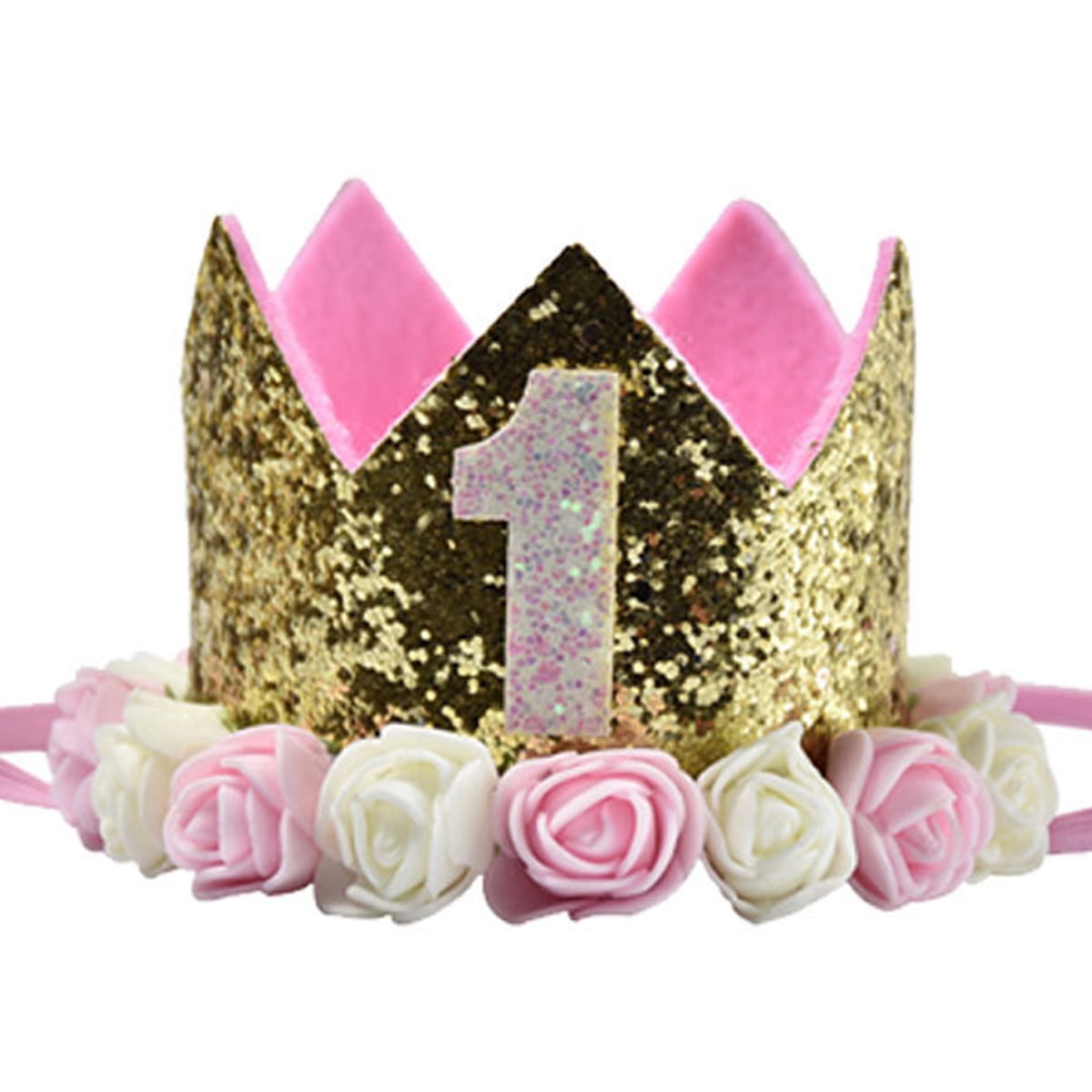 1st Birthday Girl Gifts Crown Baby Princess Tiara Crown, Baby Girls/Kids First Birthday Hat Sparkle Gold Flower Style with Artificial Rose Flower