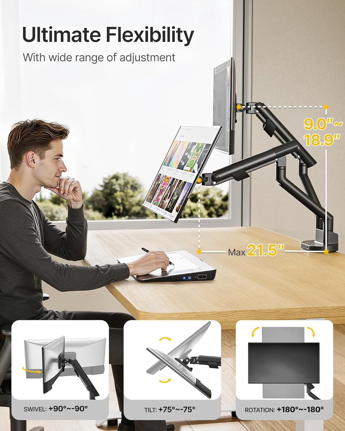 monTEK Dual Monitor Stand with USB-C & USB-A 3.0 Ports, for 2 Screens up to 35 inches – Full Motion Adjustable Monitor Arm, Heavy Duty C-Clamp/Grommet Mount, 24.25lbs per Arm, Black