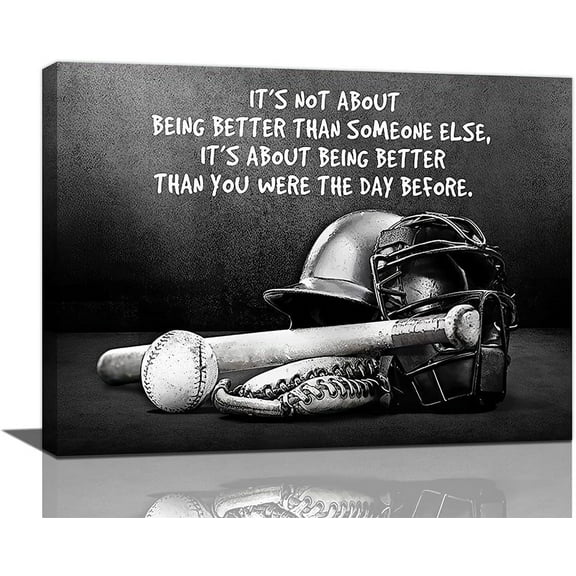 Baseball Sports Wall Art Black and White Motivational Poster Inspirational Baseball Canvas Prints Painting Retro Sports Wall Decor for Boys Men Framed Artwork for Boy''s Room Bedroom 16"x12"