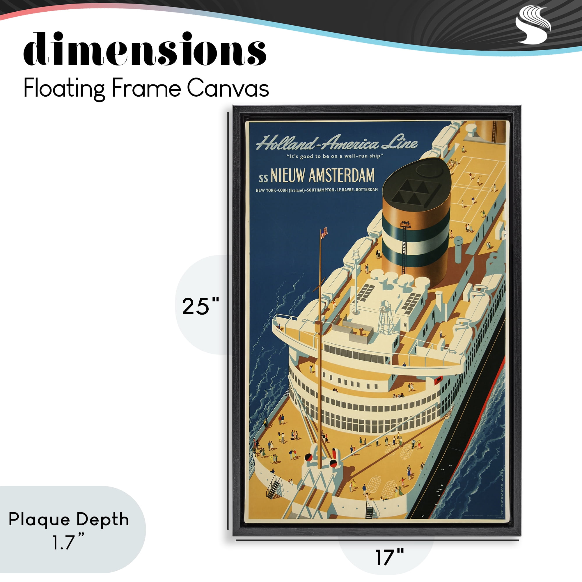 Stupell Industries Nieuw Amsterdam Cruise Ship Black Framed Floater Canvas Wall Art, design by Vintage Posters