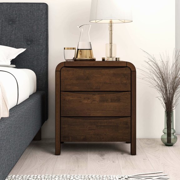 Mid-century Modern Bedside Nightstand With 3 Drawers, Solid Wood, Brown Wood 3 Table For Bedroom, Color