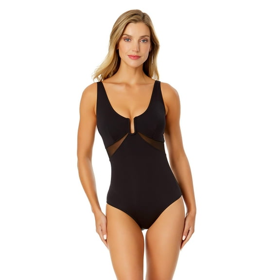 Anne Cole Women's Black U-Ring Mesh-Inset One-Piece Swimsuit 8