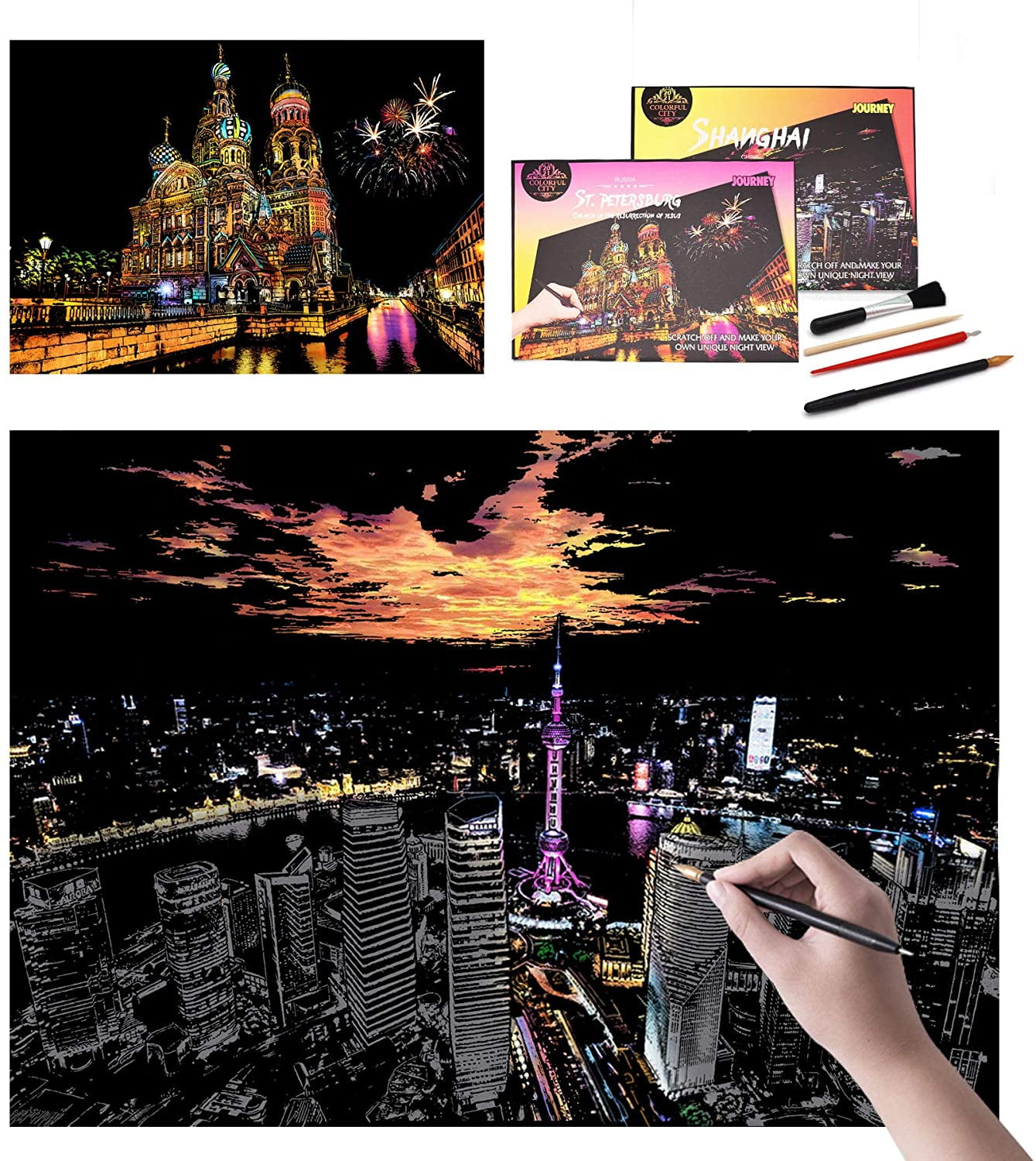 Night View Scratchboard for Adult and Kids Rainbow Painting Sketch Pad with Wooden Stylus Eraimp Scratch Art Paper Set#1 Exquisite Packaging 