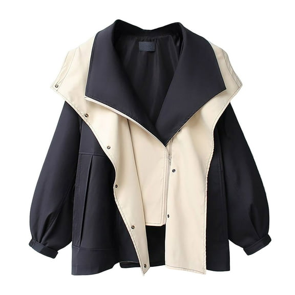 Women Windbreaker Hooded Patchwork Colorblock Zipper And Button Closure Long Sleeves Tight Waist Loose Coat Cargo Style Outdoor Jacket