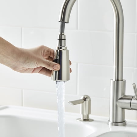 BETTER HOMES & GARDENS ELMONT HIGH SPOUT SINGLE HANDLE PULL DOWN KITCHEN FAUCET WITH SOAP DISPENSER, SATIN NICKEL