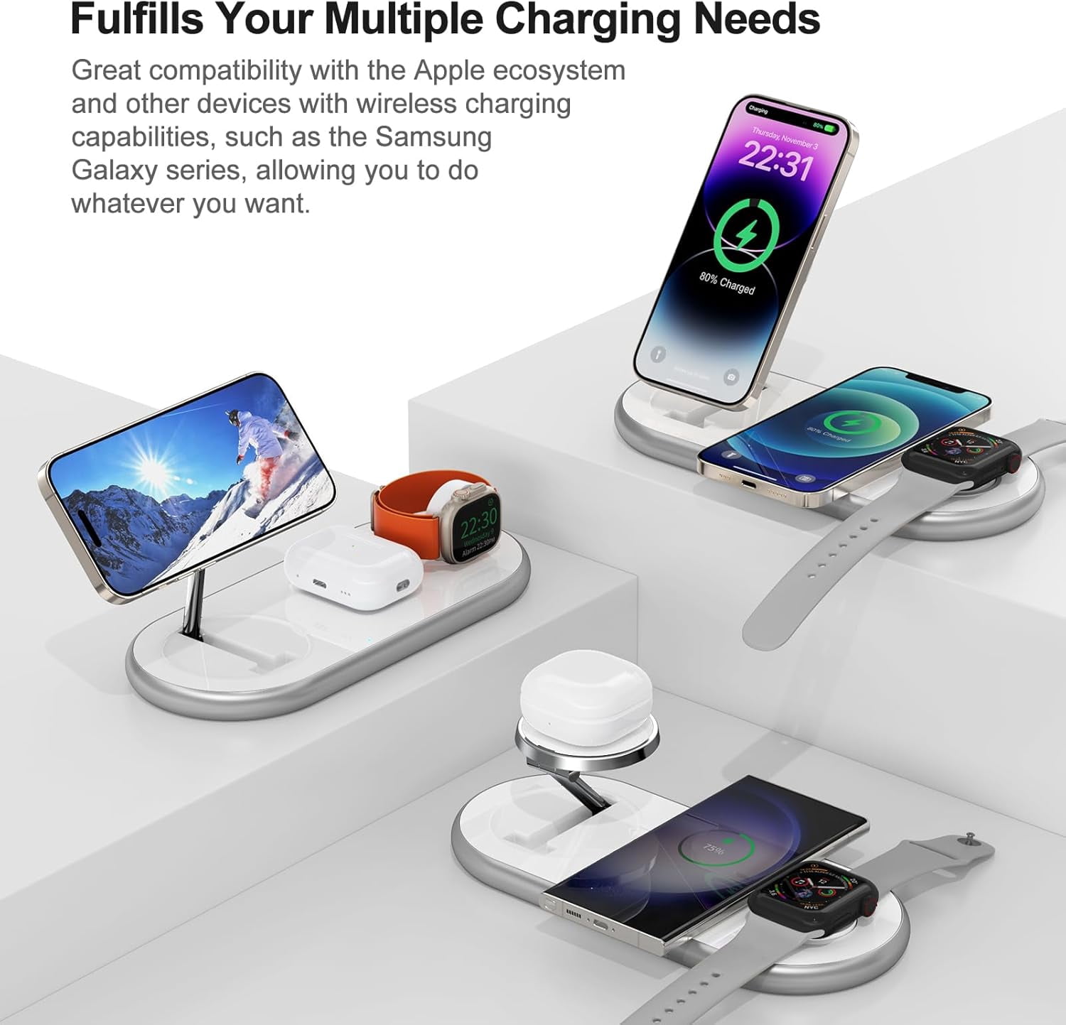 3 in 1 Charging Station for Apple Devices, Wireless Charger, Faster Mag-Safe Charger Stand, Magnetic Wireless Charger Station for iPhone 15 14 13 12, Apple Watch Iwacth and AirPods (White)