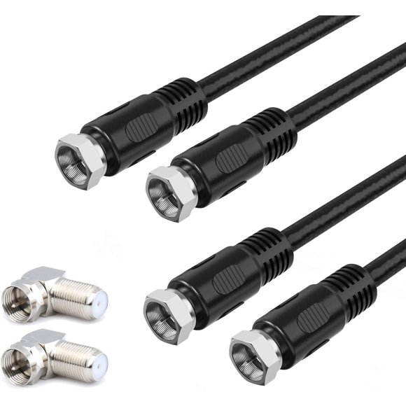 Coaxial Cable 1ft, Short Coax Cable 1 Foot, 0.3m 2-Pack with Right Angle Connectors, Black 75 Ohm Shield Digital RG6 Cables with F-Male Connectors for TV Antenna