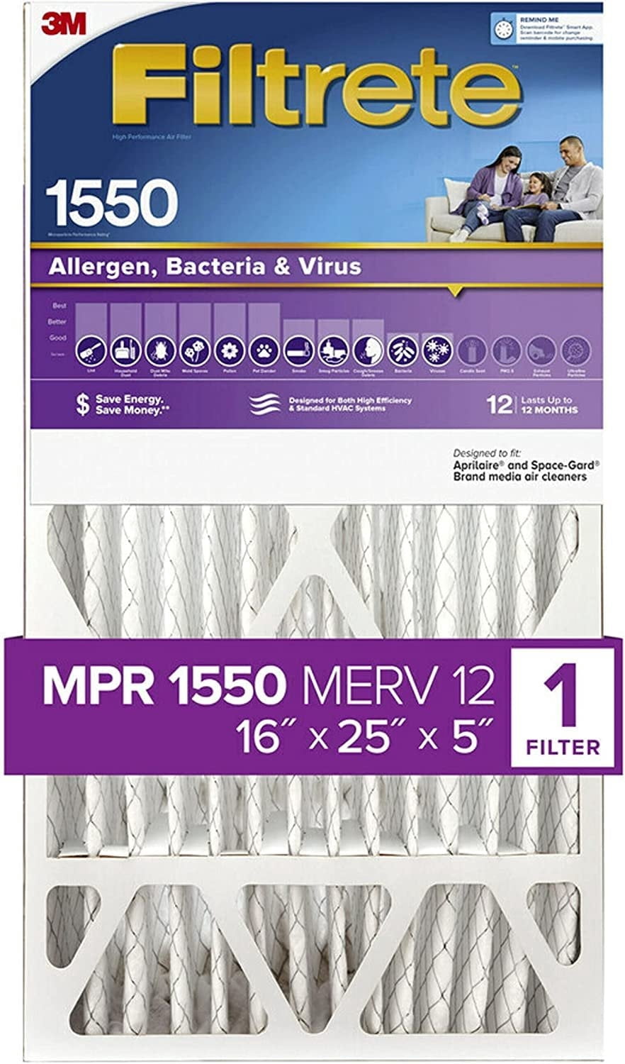 Filtrete AC Furnace Air Filter Healthy Living Ultra Allergen Deep Pleat - MPR 1550 - 1 Pack, 16x25x5