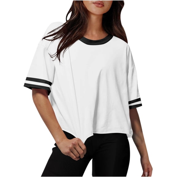 Besolor Crop Tops for Women Short Sleeve Summer Casual Loose Fitting Color Blocked Top Tees Tshirts