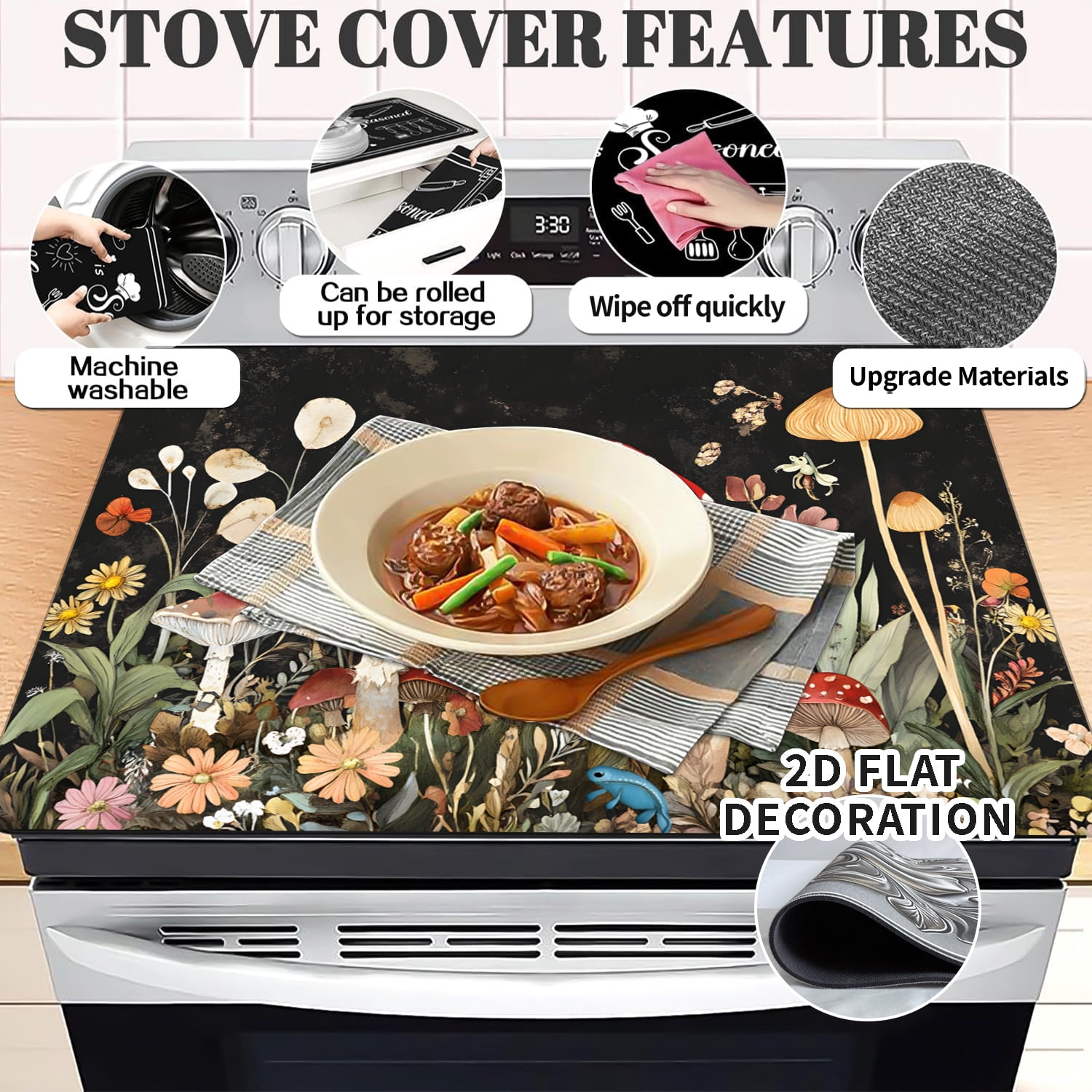 Stove Top Covers for Electric Stove Glass Top Protector Prevents Scratching Expands Usable Space 28''x 20'' Mushrooms and flowers