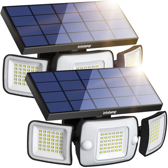 Intelamp Solar Motion Sensor Lights Outdoor, 2-Pack 3-Head LED Security Flood Light, 6000mAh 1200LM Dual PIR, IP65 Waterproof, Adjustable So