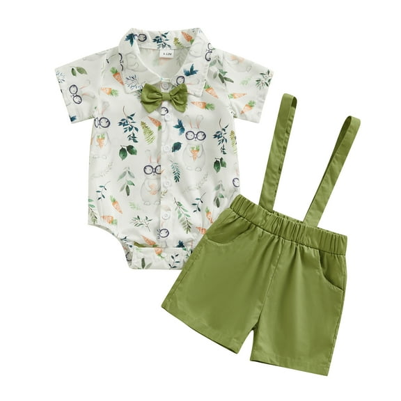 Bagilaanoe 2Pcs Newborn Baby Boys Easter Outfits Overalls Shorts Set Short Sleeve Romper Shirt Tops Suspender Short Pants 3M 6M 12M 18M 24M Infant Gentleman Clothes