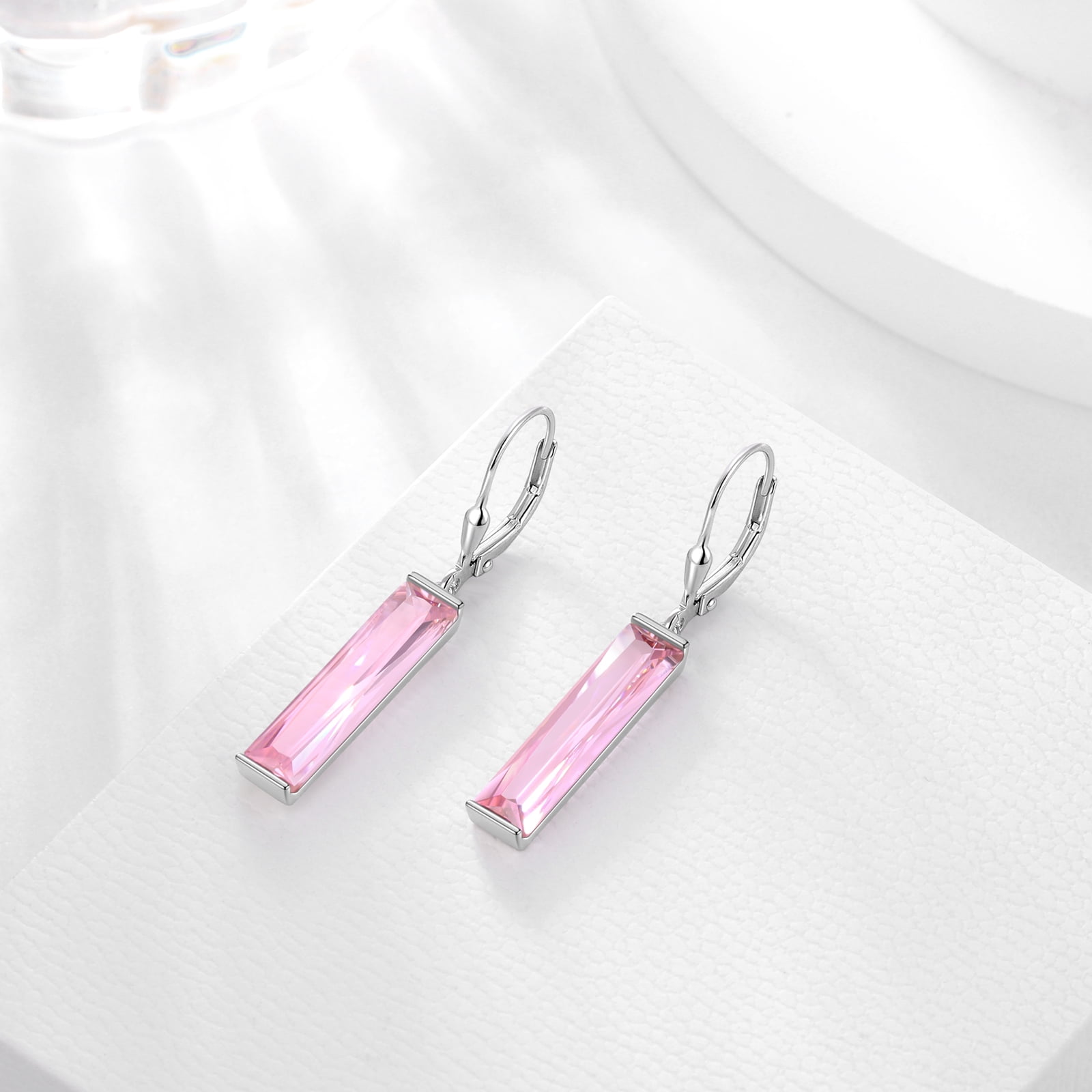 Juwaliy Women Dangle Earrings 925 Sterling Silver October Birthstone Leverback Hanging Tourmaline Pink Jewelry Mom Valentine's Day Gift