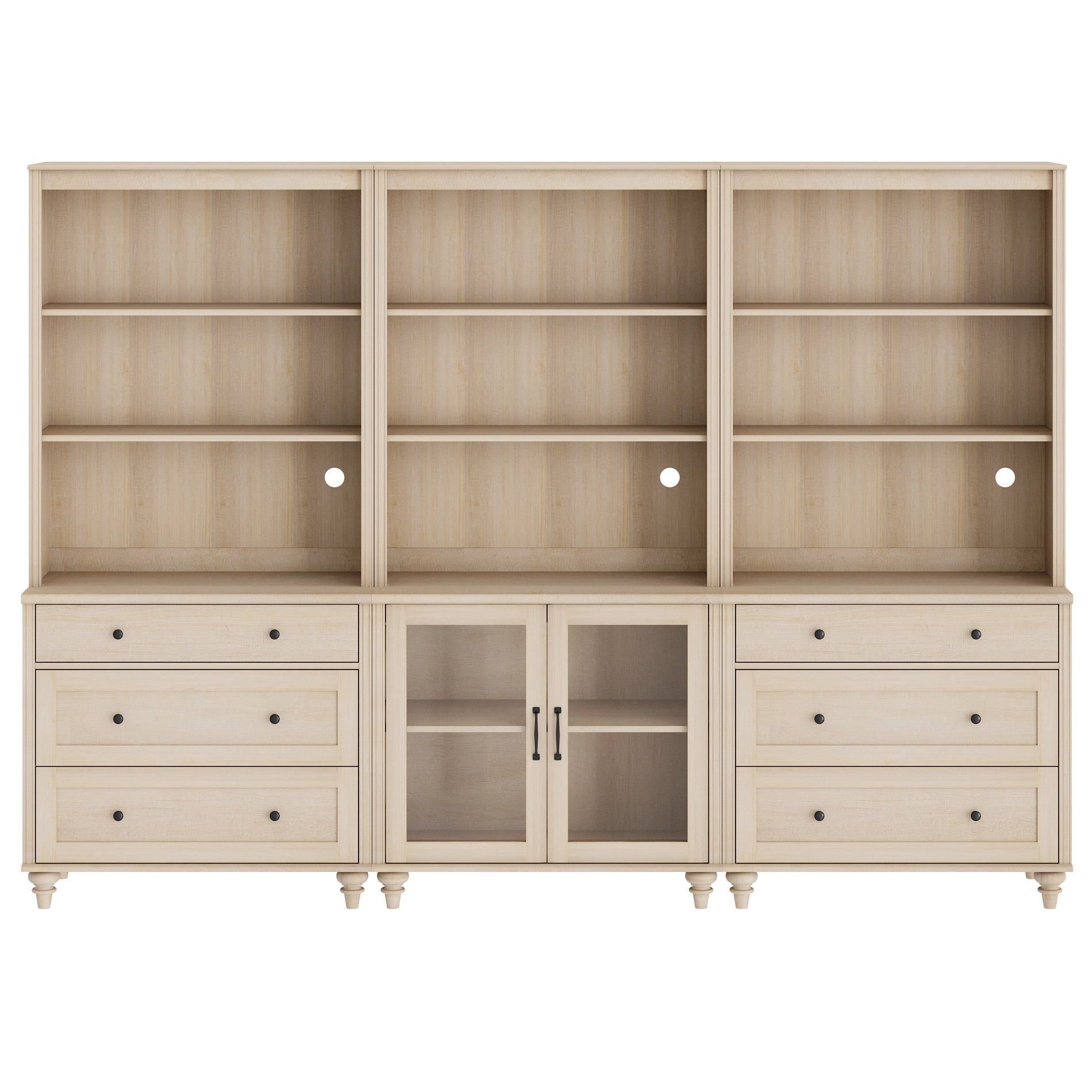 Farmhouse 5 Tier Bookcase With 2 Glass Doors and 6 Drawers, Beige, 101.6" W