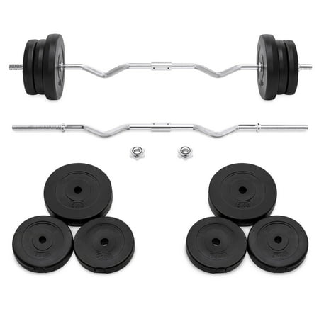 Best Choice Products 55lb W-Shape Curl Bar Workout Exercise Fitness Set for Home Gym w/ 2 Spin-Lock Clamp Collars, 6 Plates -