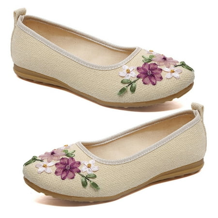 Kitem Vintage Embroidered Women Flats Flower Slip On Round Toe Shoes Loafers Ballerina