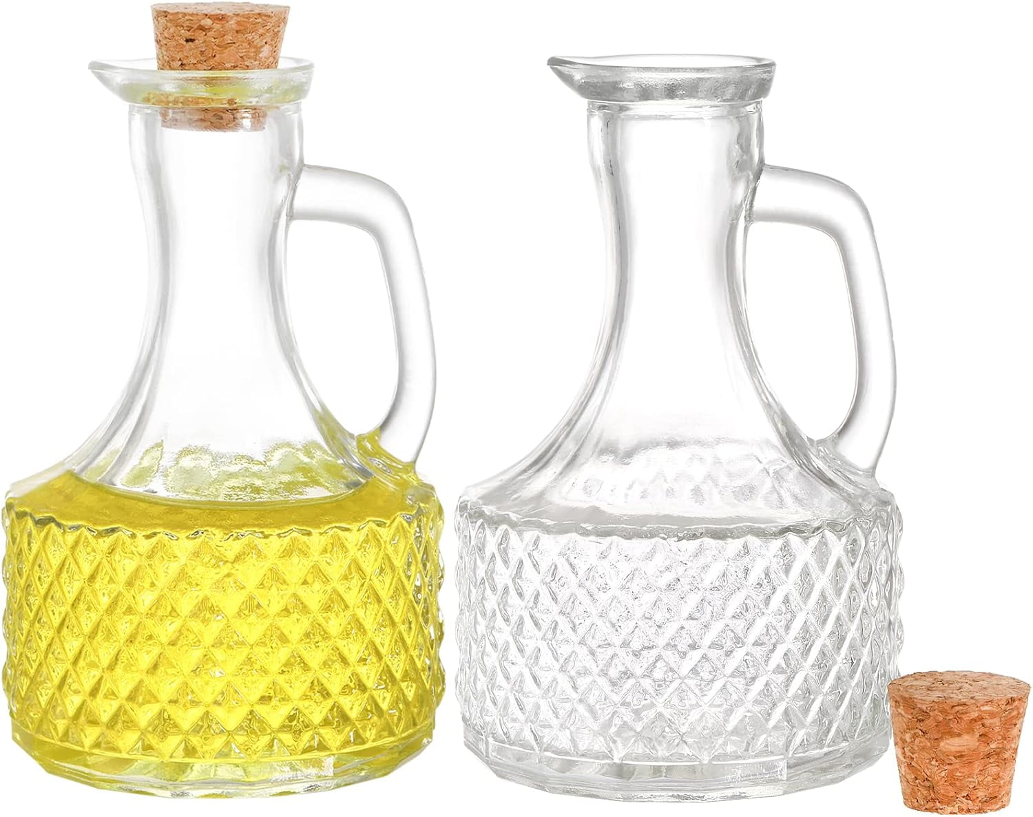 4 Pack Glass Oil and Vinegar Cruets Bottles, 13.5 Ounce Glass Olive Oil Dispenser Bottle with Handle and Cork, Soy Sauce Salad Dressing Syrup Liquid Dispenser for Kitchen