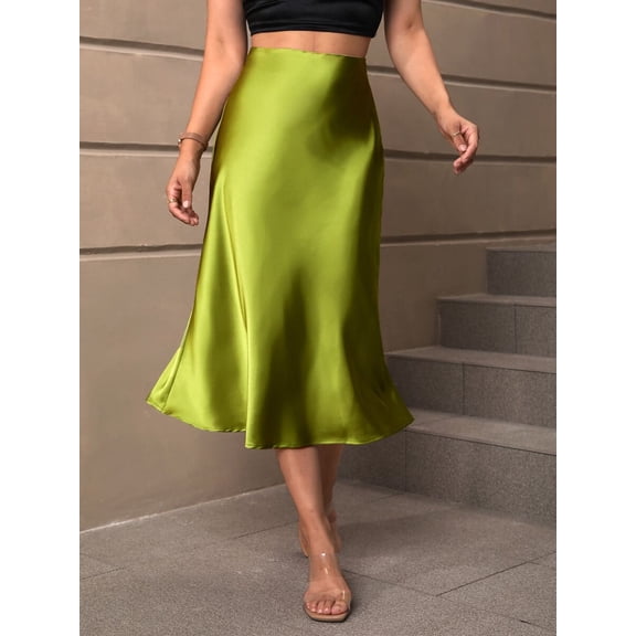 Olive Green Satin High-Waist Flowing Midi Slip Skirt Sheath