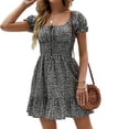 thumbnail image 4 of Square Neck Womens Boho Floral Smocked Short Sleeve Ruffle Beach Summer Mini Dress, 4 of 6