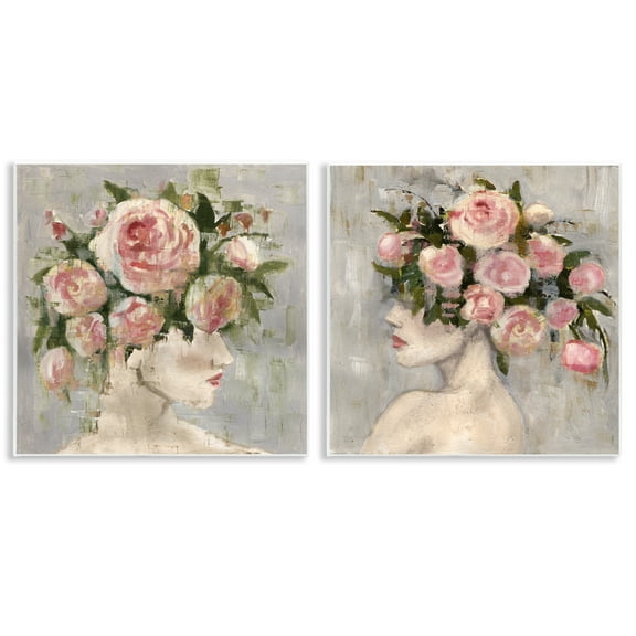 Stupell Industries Surreal Women with Roses People Painting Unframed Art Print Wall Art, 12 x 12, Set of 2