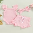 thumbnail image 3 of Infant Baby Girl Summer Clothes Ribbed Ruffle Sleeveless Romper Drawstring Bloomer Shorts Headband Outfits Blue 0-3 Months, 3 of 7