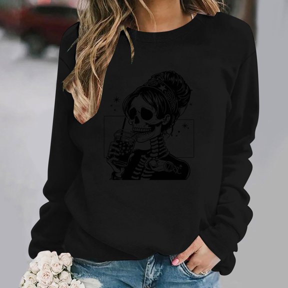 DIOAZUD Halloween Sweatshirts Women Plus Size Skeleton Print Pullovers Trendy Going Out Crewneck Long Sleeve Sweater Tops Halloween Clothes Black S-XXL